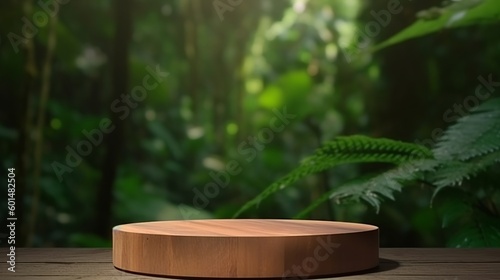 Wooden podium in forest for product presentation  Generative Ai