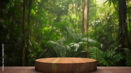 Wooden podium in forest for product presentation  Generative Ai