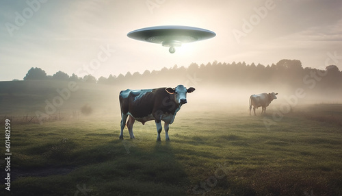 Cow abduction by aliens on a flying saucer in a field, generated AI