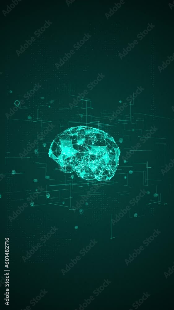 Motion graphic of Blue polygon digital brain logo with grid line and ai ...