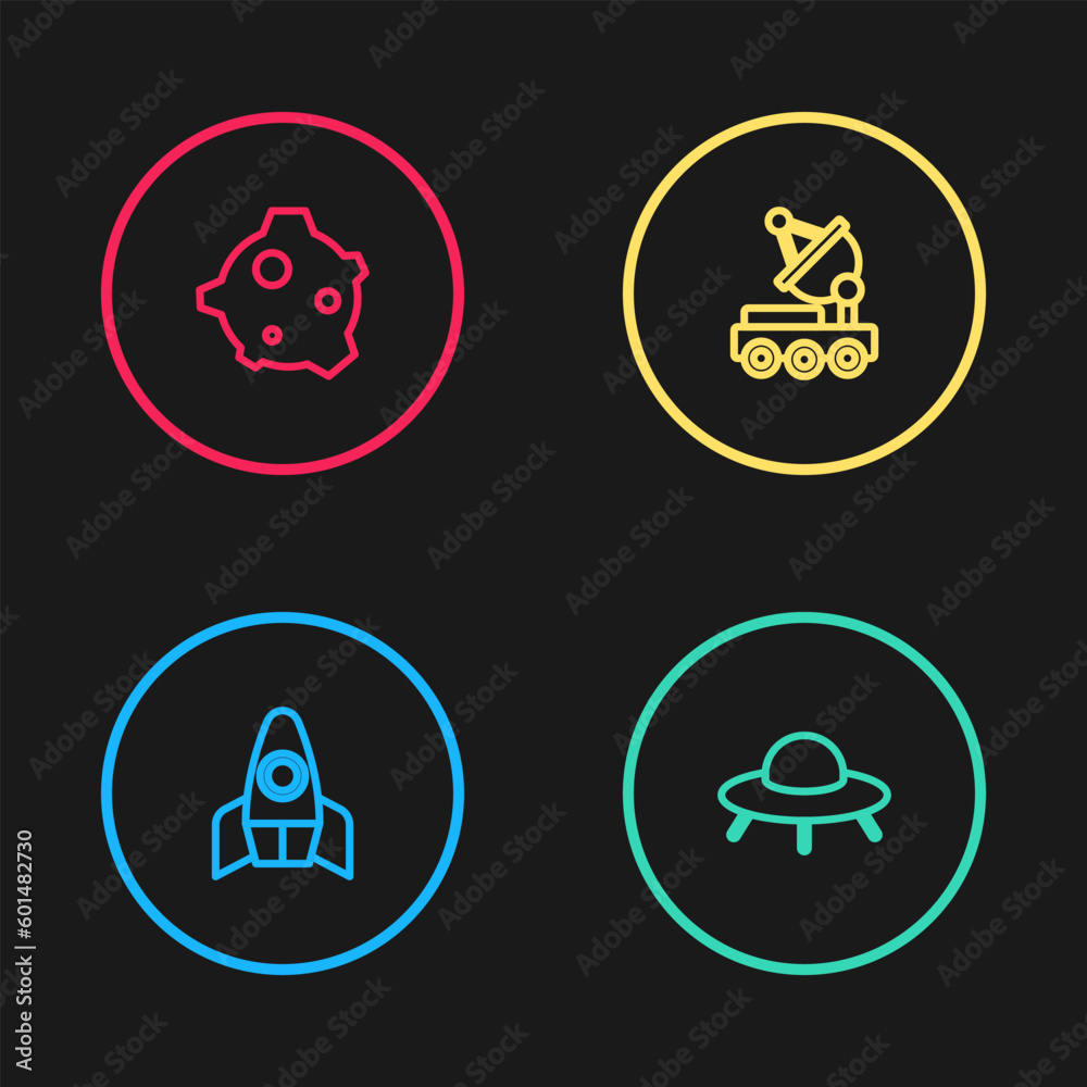 Set line Rocket ship, UFO flying spaceship, Mars rover and Asteroid icon. Vector Set line Rocket ship, UFO flying spaceship, Mars rover and Asteroid icon. Vector