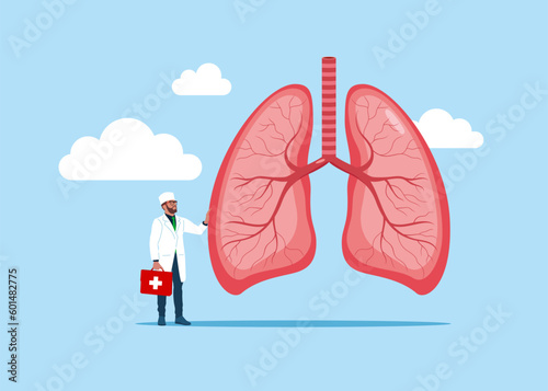 The physician, specialist holds a big sign - Human lungs,  respiratory system. Internal organ inspection check for illness. Anatomy, medicine concept. Healthcare. Vector illustration. 