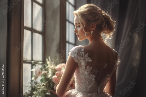 Portrait of the beautiful bride in  wedding dress against a window indoors, ai generative