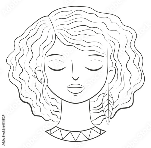 Dessin au trait noir pour livre de coloriage, visage de femme qui médite les yeux fermés, les cheveux épais et ondulés, une boucle d'oreille en forme de plume d'oiseau, illustration zen et délicate