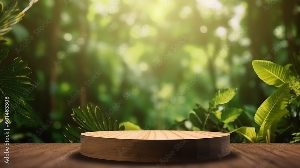 Wooden podium in forest for product presentation, Generative Ai