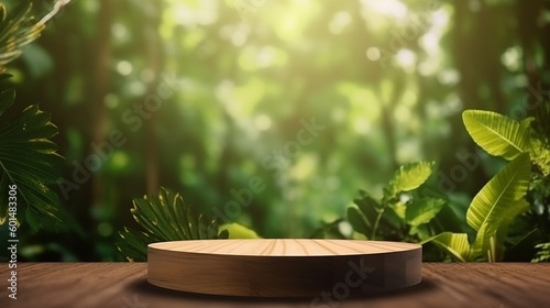 Wooden podium in forest for product presentation  Generative Ai