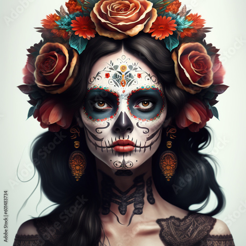 Dia de los muertos, Mexican holiday of the dead and halloween. Woman with sugar skull make up and flowers. Generative AI