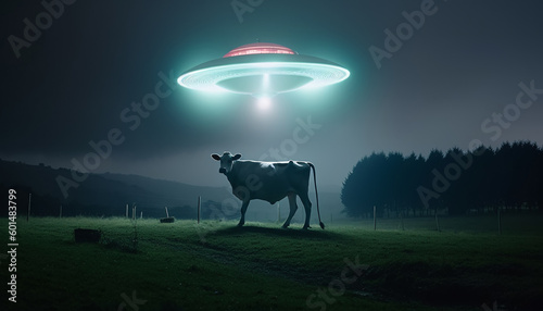 Cow abduction by aliens on a flying saucer in neon light at night in a field, generated by AI photo
