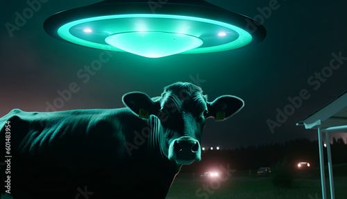 Cow abduction by aliens on a flying saucer in neon light at night in a field, generated by AI