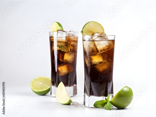 Cuba libre alcohol cocktail with golden rum, lemon juice, cola, lime and ice. AI generated