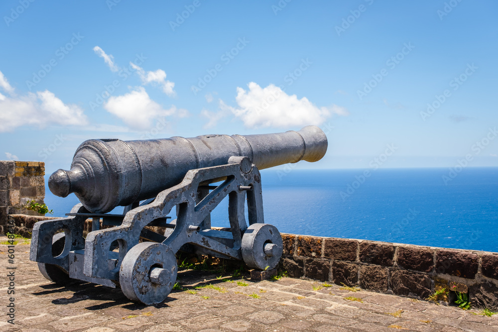 Cannon at Brimstone Hill Fortress on St. Kitts faces the Caribbean Sea. Cannon at Brimstone Hill Fortress on St. Kitts faces the Caribbean Sea.