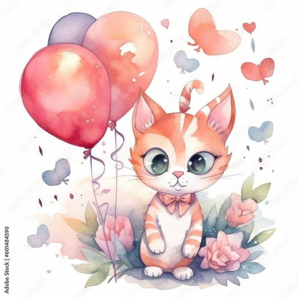 A watercolor illustration with a cartoon anime cat, flowers, and balloons for a happy birthday holiday, post-processed. (Generative AI)