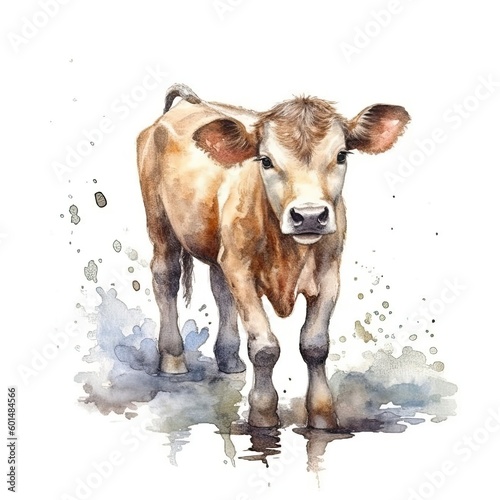 Baby Ox watercolor with ink outline on white background, high detailed (generative AI)