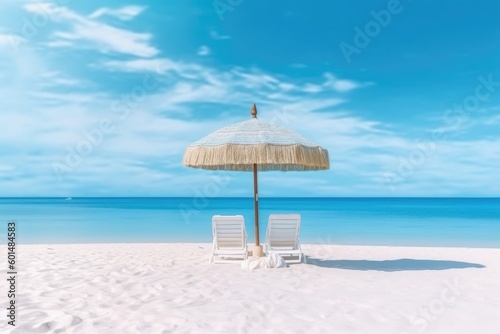 The amazing beach landscape with white sand, chairs, and umbrellas make a perfect travel tourism banner. (Generative AI)