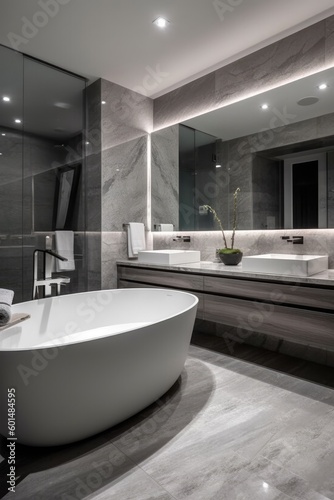 A bathroom with a freestanding tub  double vanity  and LED lighting  featuring grey marble and a sleek design.  Generative AI 