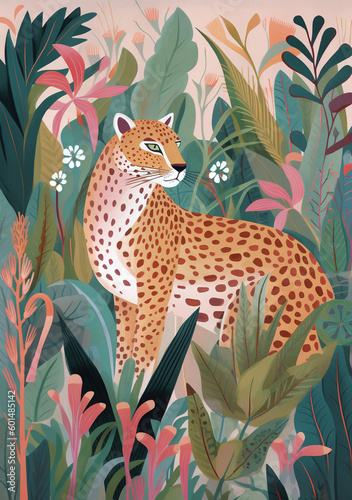Cheetah in a jungle, in the style of folk art - inspired illustrations, dark amber and pink