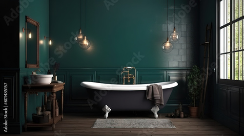 Modern luxury bathroom interior design with panelling wall. Generative Ai