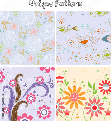 set of unique flora fauna pattern cover four element background vector 4
