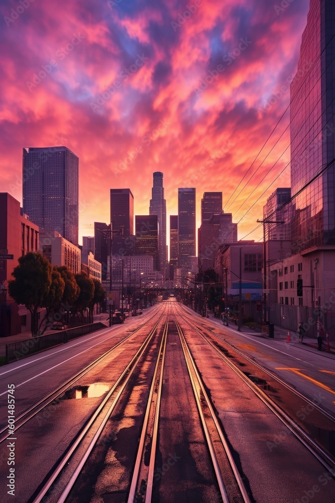 Fototapeta premium Colorful mesmerizing urban sunset. Generative AI