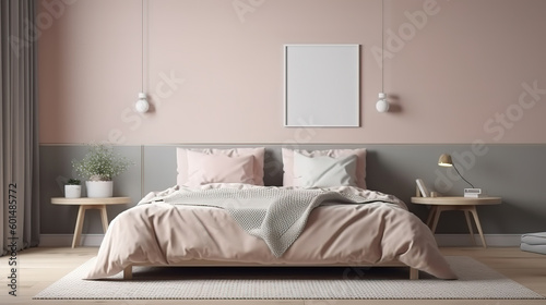 Bright bedroom mockup, rattan wooden bed in a beige background. Generative Ai © hassanmim2021