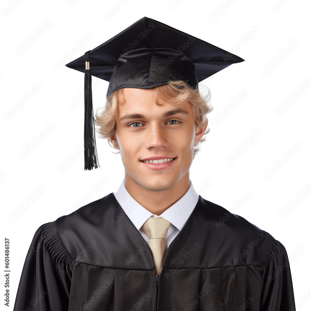 Portrait of a handsome, young, blond man wearing graduation cap and gown. Isolated on transparent background, no background. Portrait of a handsome, young, blond man wearing graduation cap and gown. Isolated on transparent background, no background.