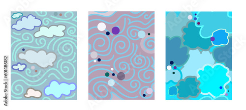 Elements of nature Air. Vector drawing of clouds air and wind background. Collection set of three. Colourful abstract forms of clouds winds. World air day Background for cards, 