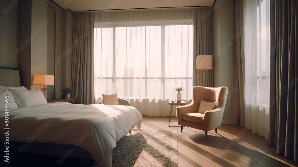 Interior of a modern luxury bedroom hotel bedroom, minimal style, soft sun lit bedroom Interior of a modern luxury bedroom hotel bedroom, minimal style, soft sun lit bedroom