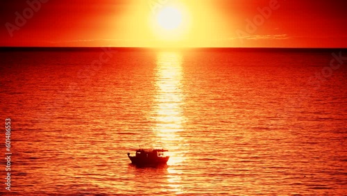 Fishing boat on sea at sunrise. Seascape in the morning. Orange color sky and water.