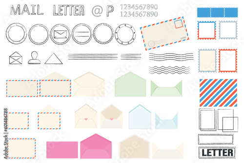 set of mail elements for envelopes, illustrations on the theme of writing, retro communication