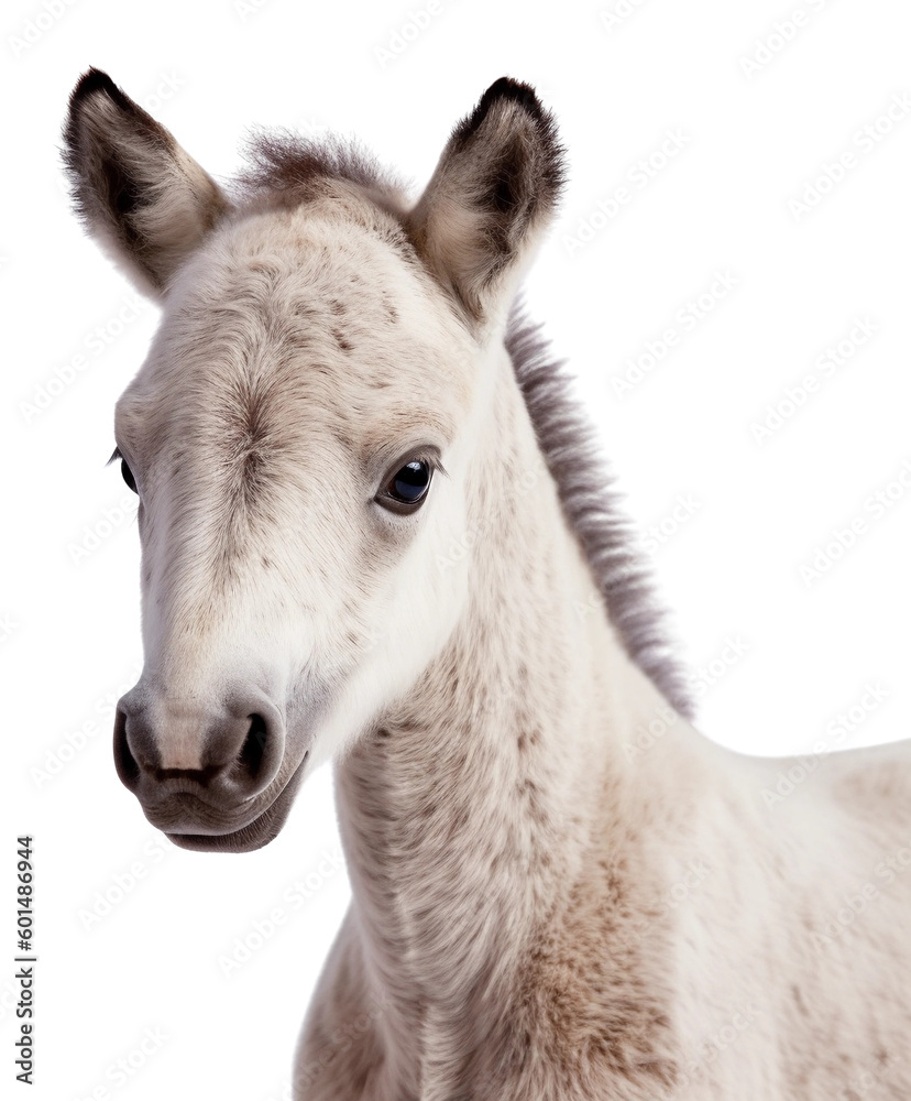 Little foal close up. Isolated on a transparent background. KI.