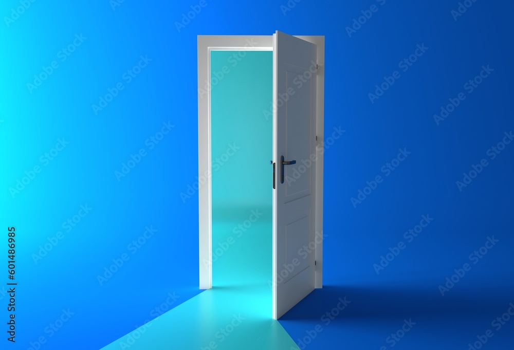 Open the door. Symbol of new career, opportunities, business ventures and initiative. Business concept. 3d render, turquoise light inside open door isolated on blue background. Modern minimal concept. Open the door. Symbol of new career, opportunities, business ventures and initiative. Business concept. 3d render, turquoise light inside open door isolated on blue background. Modern minimal concept.