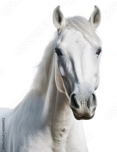 The face of a white horse close-up. Isolated on a transparent background. KI.