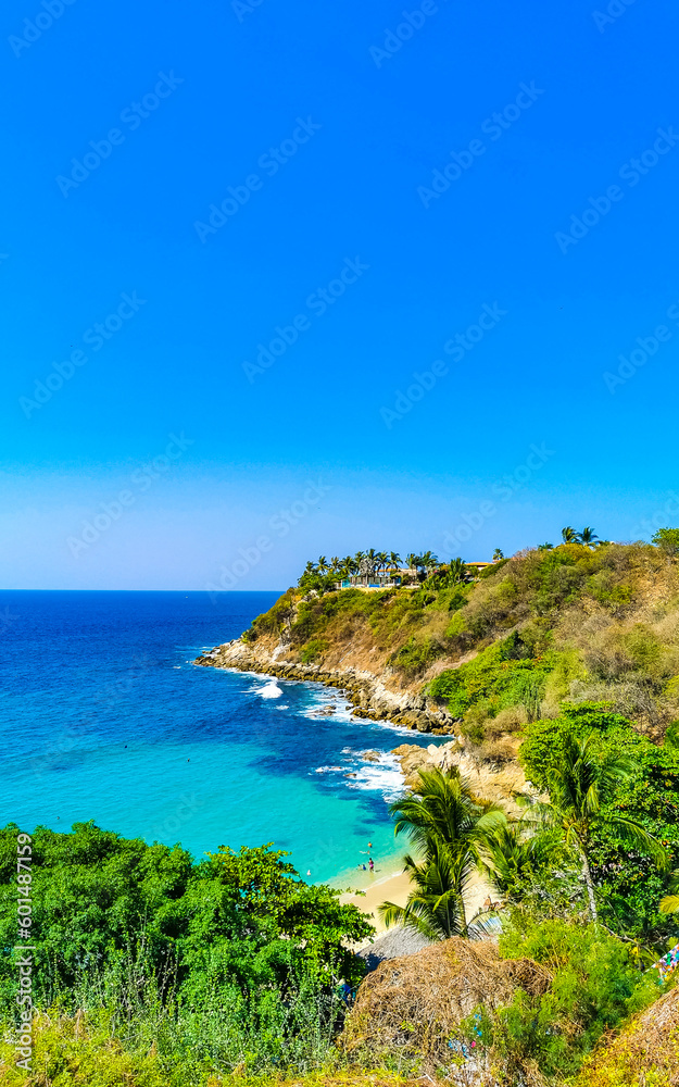 Beach sand blue turquoise water waves panorama Carrizalillo Puerto Escondido.