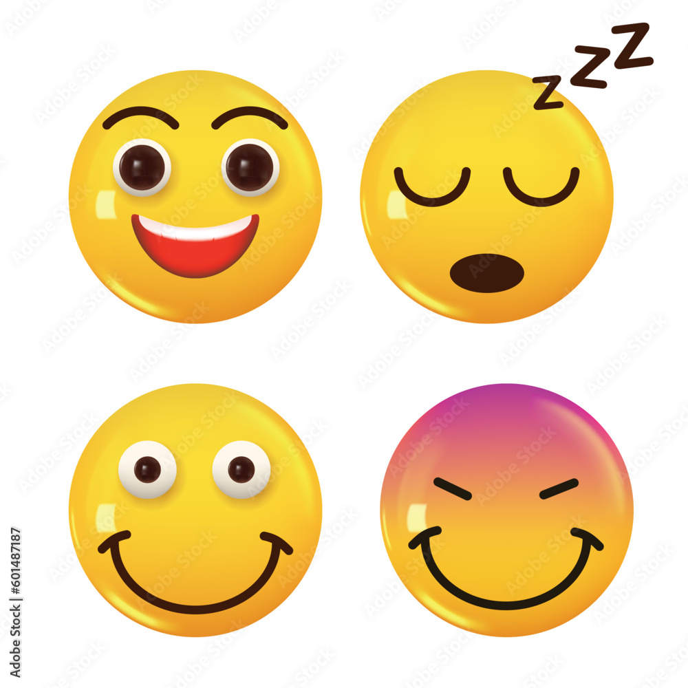 Set of 3d icon yellow color smile emoji. Vector