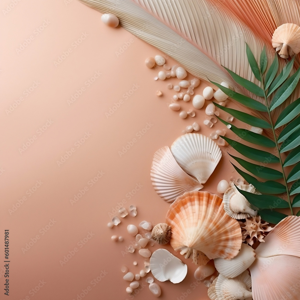 Copy space with a palm leaf, pearls, shells and a feather on a pastel peach background. Summer edition, minimal. Generative AI