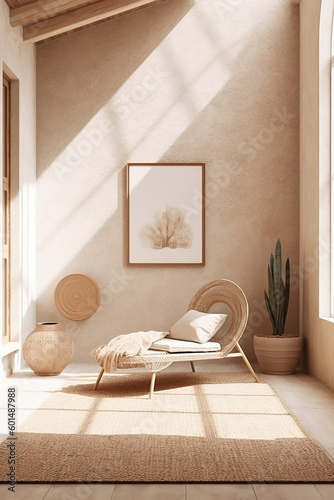 Beige bohemian interior. Neutral shades, summertime. Aesthetic minimal interior design concept