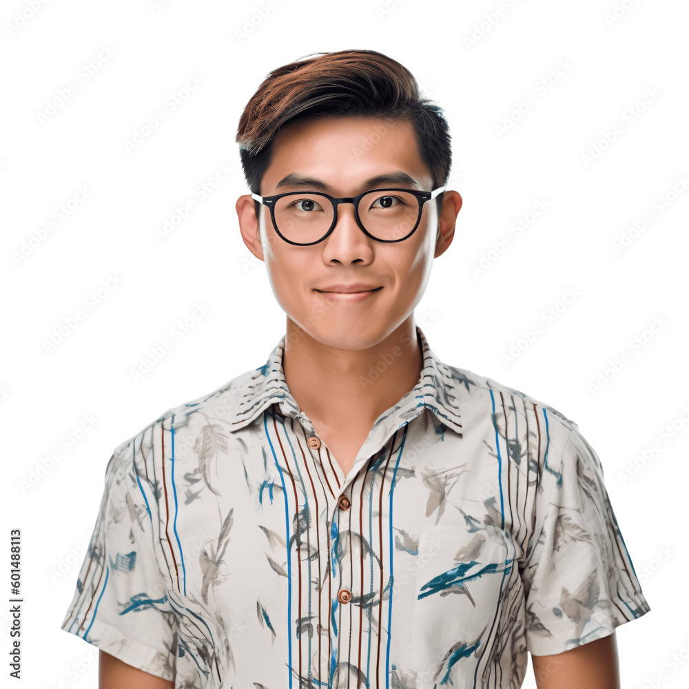 Portrait of a handsome, young asian man wearing eyeglasses and shirt. Isolated on transparent background. No background.