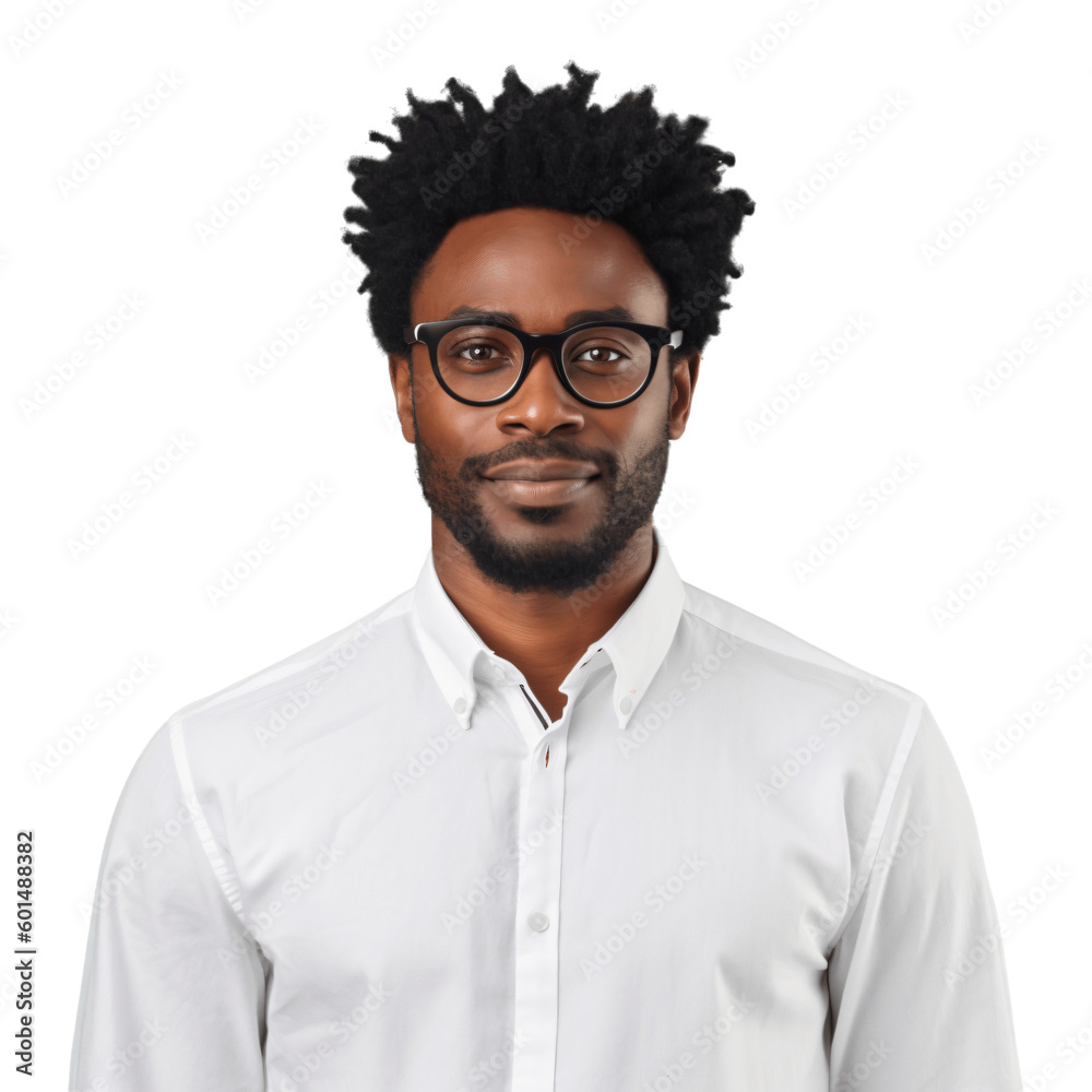 Portrait of a handsome, young black, african american man wearing eyeglasses and shirt. Isolated on transparent background. No background. Portrait of a handsome, young black, african american man wearing eyeglasses and shirt. Isolated on transparent background. No background.