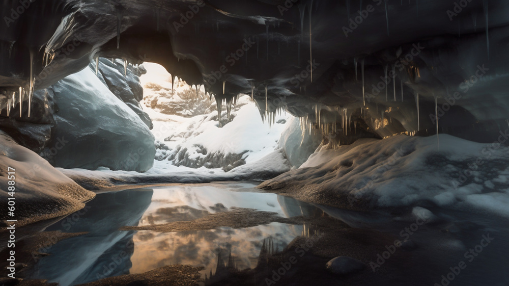 A photo of a cave with icicles hanging from the ceiling and a lake A photo of a cave with icicles hanging from the ceiling and a lake
