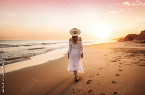 A woman walking on a beach at sunset