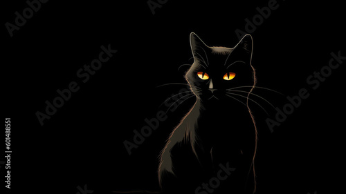 A black cat with yellow eyes sits in the dark.