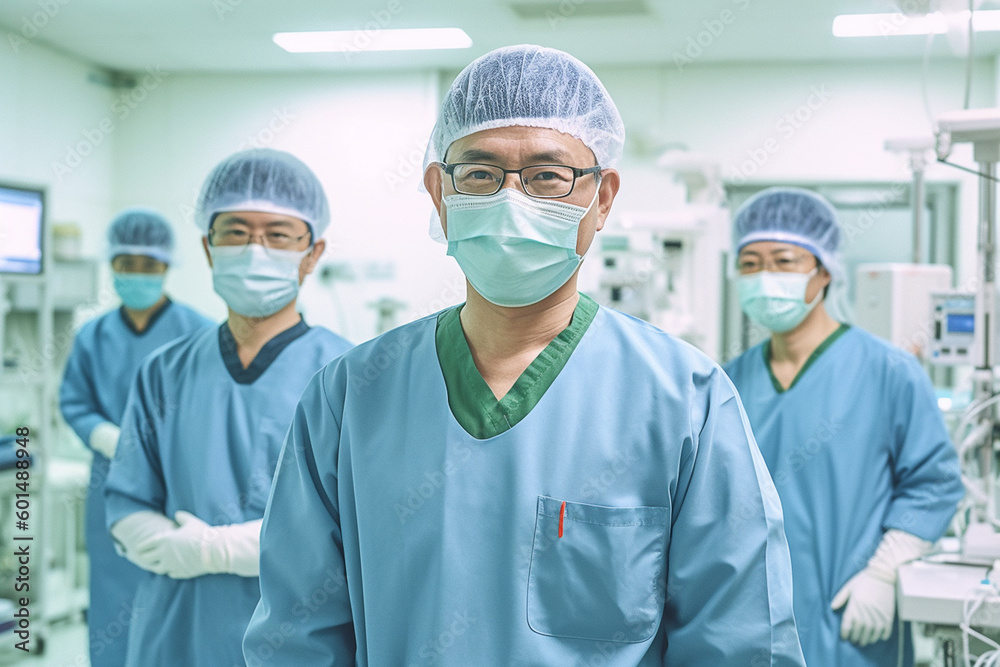 Asian surgical team in masks and uniform keeping arms crossed and looking at camera while standing in operating theatre together Generative ai Asian surgical team in masks and uniform keeping arms crossed and looking at camera while standing in operating theatre together Generative ai