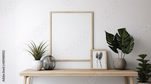 Black square frame with plants and branches. White wall, wooden shelf. Generative Ai