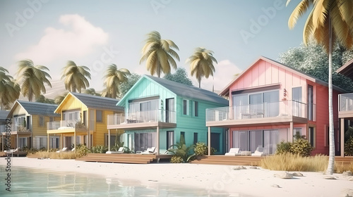 Tropical beach houses, Coastal style villas, 3d render, Bright color. Generative Ai