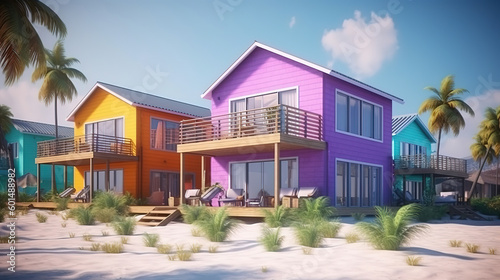 Tropical beach houses, Coastal style villas, 3d render, Bright color. Generative Ai
