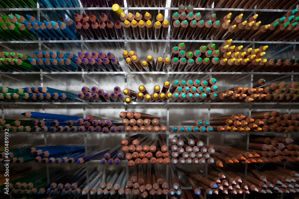Variety of Professional Colored Pencils for Artists and Designers. Creative Education Concept.