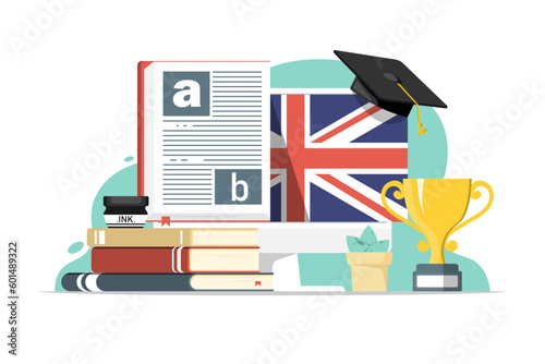 Online English language education course, Computer PC with book, flag, trophy on isolated background, Digital marketing illustration.