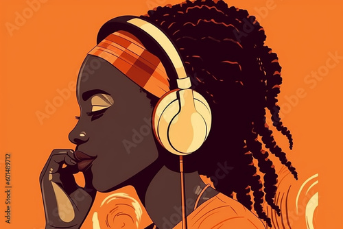 Young African woman listens to music with headphones.