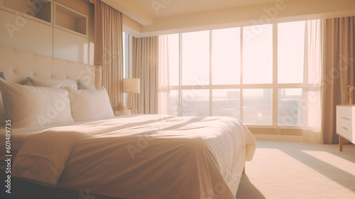 Interior of a modern luxury bedroom hotel bedroom, minimal style, soft sun lit bedroom 