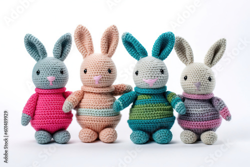 four crochet bunnies with a white studio background